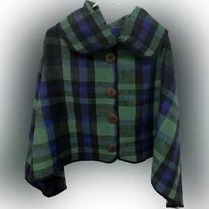 Tickled Pink Patrick Plaid Wood Button Poncho Cape Shirt Green Blue One Size